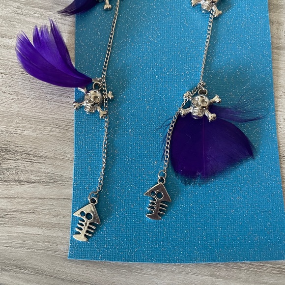 Purple Feather Skull Earrings - Picture 4 of 5